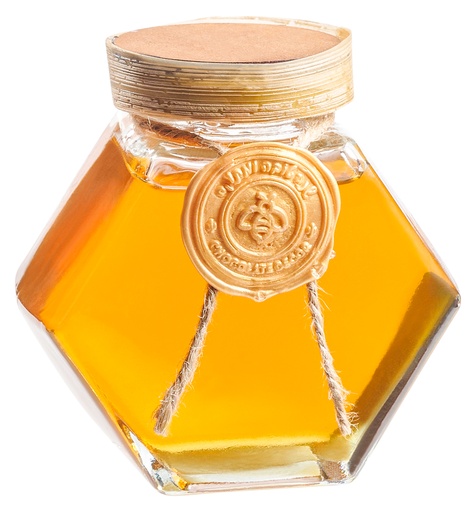 [81102] RH Hexagon Honey Bottle With Gold Lid (MD)